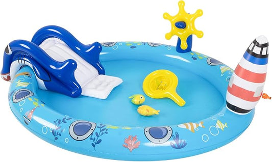 DIMAR GARDEN Inflatable Kids Swimming Pool Water Slide, Round Spray Pool Play Center, Blue