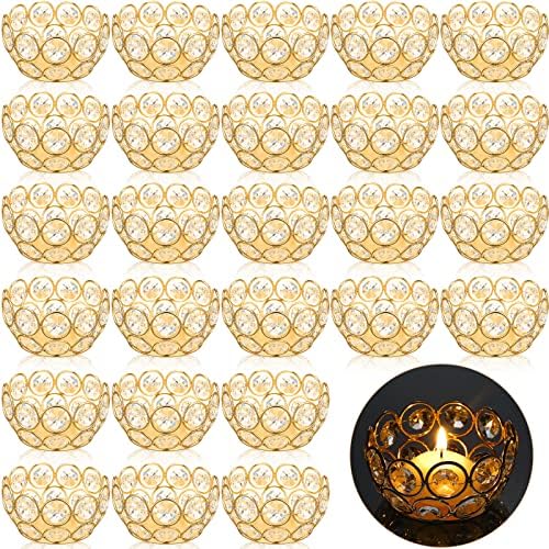 Potchen 30 Pcs Tea Light Candle Holders - Crystal Votive Candle Holders Tealight Jewel Bowl Stands Decorative Centerpiece for Wedding Party Home Table Decor (Gold) by Potchen