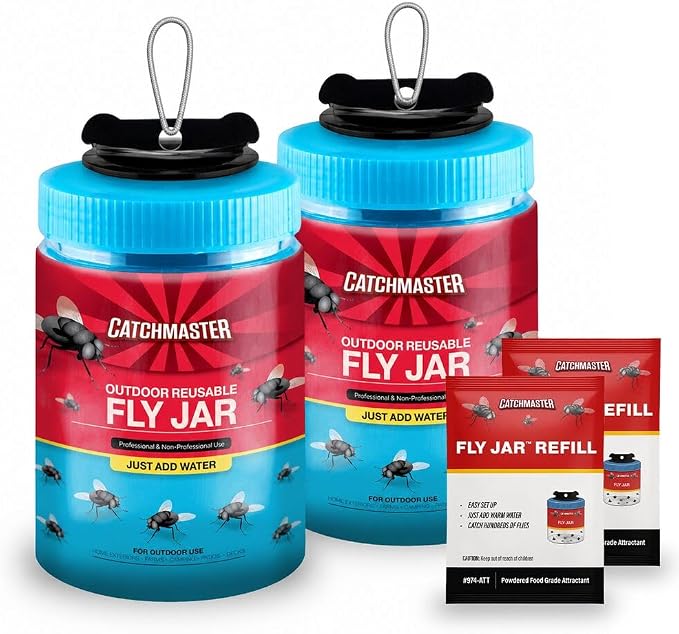 Catchmaster Reusable Outdoor Fly Trap, 2 Hanging Blue Jars with Bait | Catches All Species of Fly, Fly Traps Outdoor w/ Food-based lure, Odor Attracts Flies Away From People, Refill & Reuse