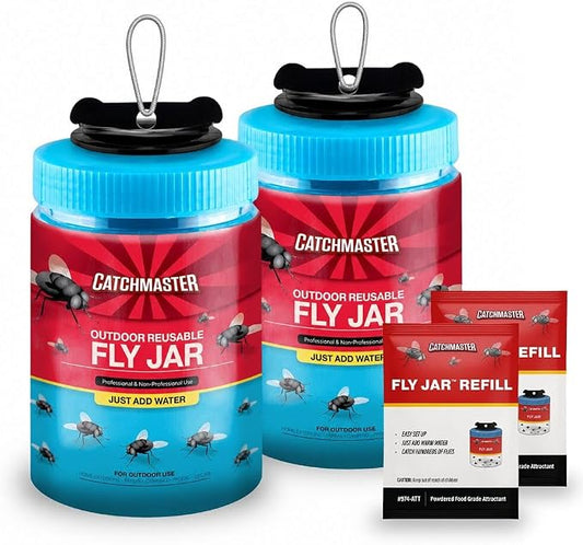 Catchmaster Reusable Outdoor Fly Trap, 2 Hanging Blue Jars with Bait | Catches All Species of Fly, Fly Traps Outdoor w/ Food-based lure, Odor Attracts Flies Away From People, Refill & Reuse