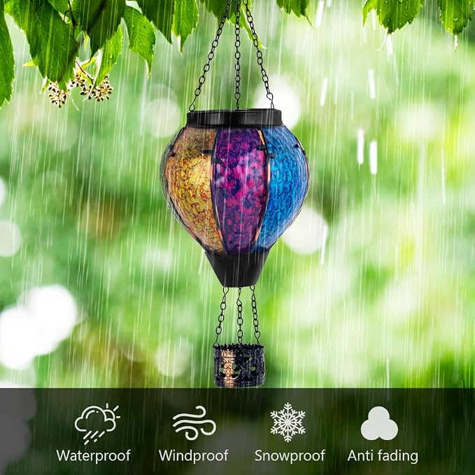Solar Hot Air Balloon Outdoor Lantern with Flickering Flame, Handmade Glass Hanging Outdoor Lantern Waterproof Decorative Lantern Lamp for Patio, Garden, Porch (Colorful) | Handmade Glass, Waterproof, Decorative Lantern Lamp, for Patio, Garden, Porch, ...