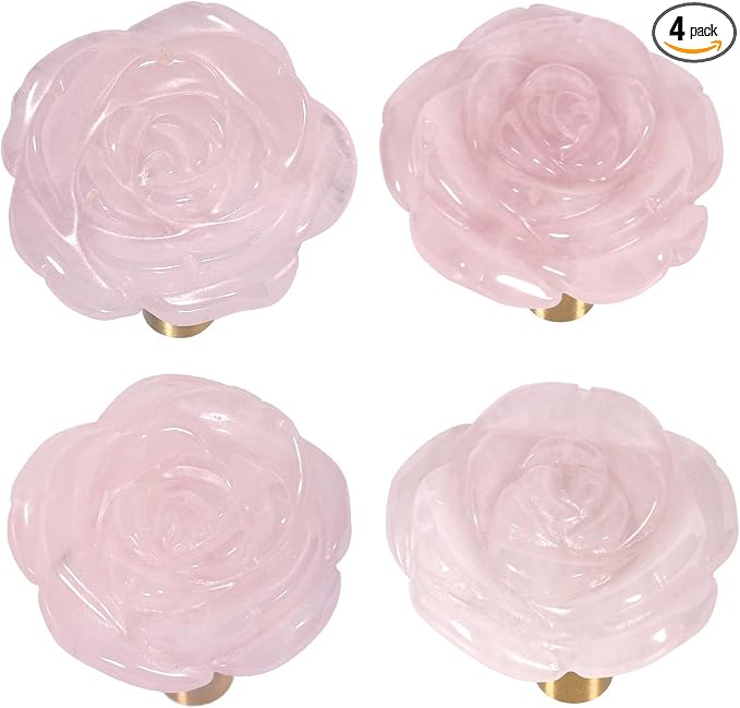 mookaitedecor Set of 4 Natural Rose Quartz Crystal Cabinet Knobs with Screws, Decorative Floral Stone Drawer Pulls for Dresser Door Kitchen