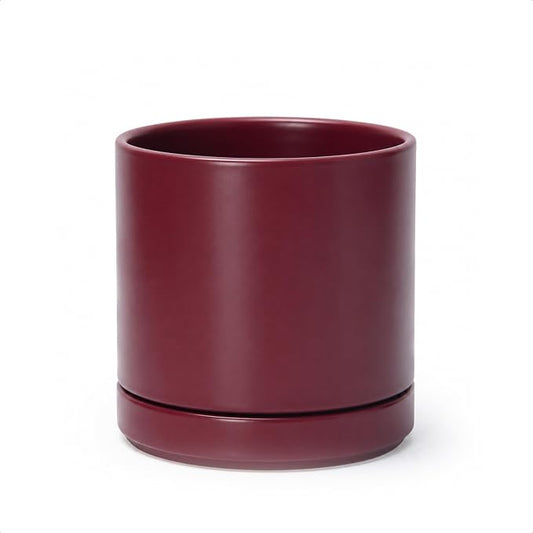 D'vine Dev 6 Inch Ceramic Planter Pot with Drainage Hole and Saucer, Indoor Cylinder Round Planter Pot, Cordovan, 94-O-C-4