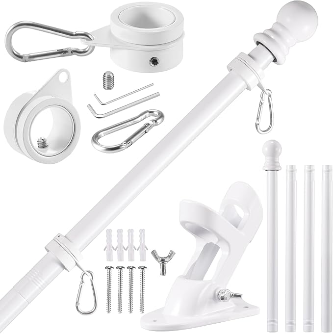 BONWIN White Flag Pole Kit for House, 5FT Thickened Stainless Steel Outside Wall Mount Flagpole for 3x5' Flag, 1" Tangle Free Rotating Flag Pole Rings & 2-Position Bracket Holder for Porch Residential