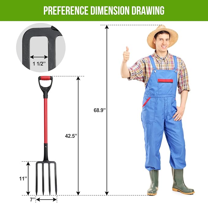 Pitch Fork, 42.5 inch One-Piece Garden Fork with Metal 4 Tines & Fiberglass D Handle, Heavy Duty Pitchforks for Gardening Digging Composting Soil Loosening