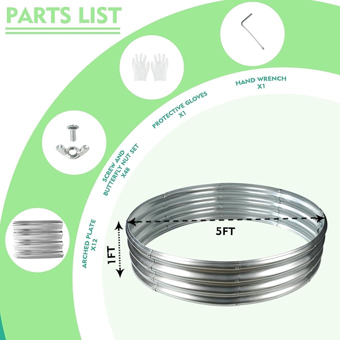 YSEJOMP 5FT Diameter Galvanized Garden Raised Bed/Plant Box/Fire Pit Ring-0.8mm Thick,12 Inch Tall,Crimped Edge and Corner,No Sharpe,Perfect for Plantings (Silver, 60 Dia X 11.5 inches)