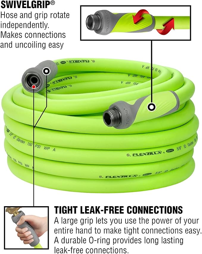 Flexzilla Garden Hose with SwivelGrip, 5/8 in. x 75 ft., ZillaGreen & Garden Hose 5/8 in. x 75 ft, Heavy Duty, Lightweight, Drinking Water Safe, ZillaGreen - HFZG575YW-E