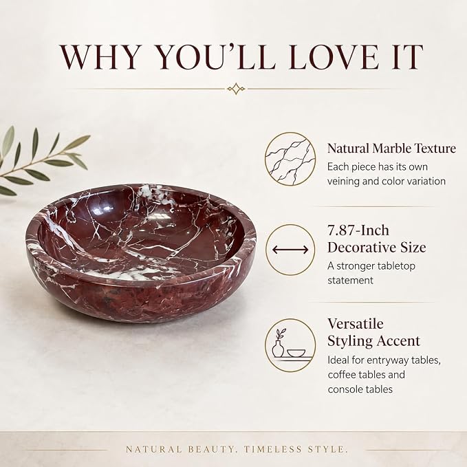 7.87 inches Large Decorative Marble Bowl, Stone Round Key Bowl for Entryway Table, Coffee Table Centerpiece and Living Room Decor