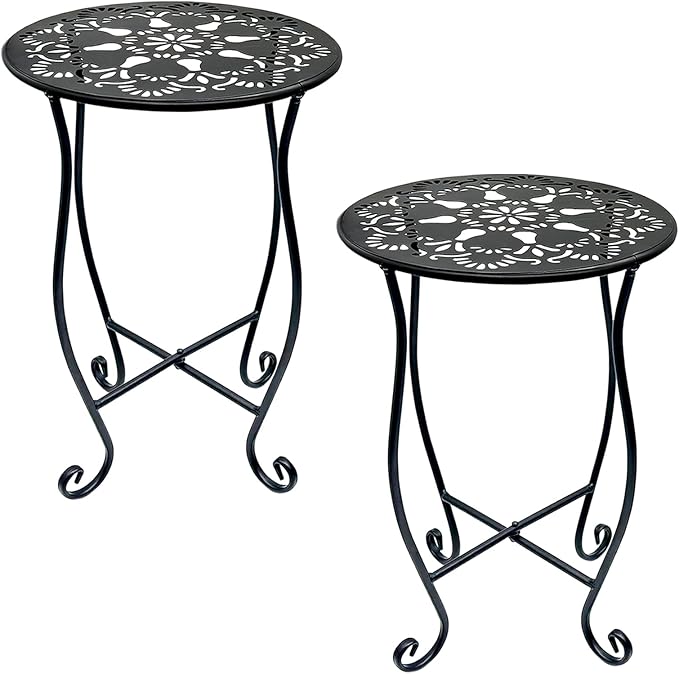 Arbuxzuy 2 Packs 17" Tall Round Metal Outdoor Side Tables for Patio, Decorative Black Flower Pot Stand, Rustproof Potted Holder, 120 lbs Load Capacity