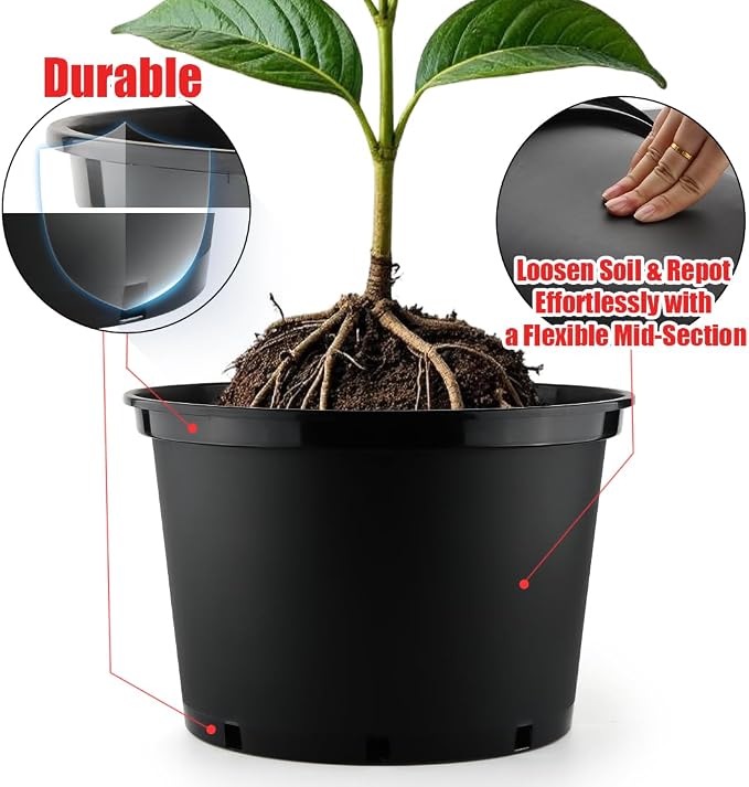RooTrimmer 7 5 3 Gallon Nursery Pots 9 Pack Set, Plastic Planter with Drainage Holes – Round, Sturdy, Deep Design for Indoor/Outdoor Plants
