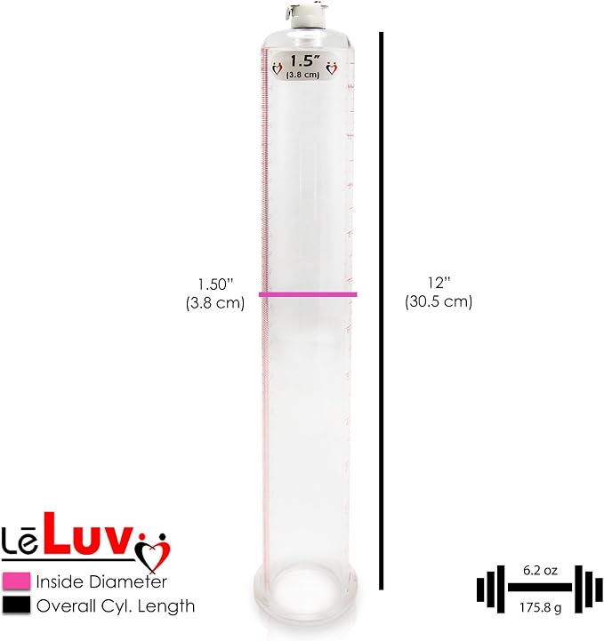 LeLuv Vibrating Penis Pump Maxi Red Handle + Protected Gauge - Bundle with Clear Hose - 12 inch Length x 1.50 inch Diameter Cylinder