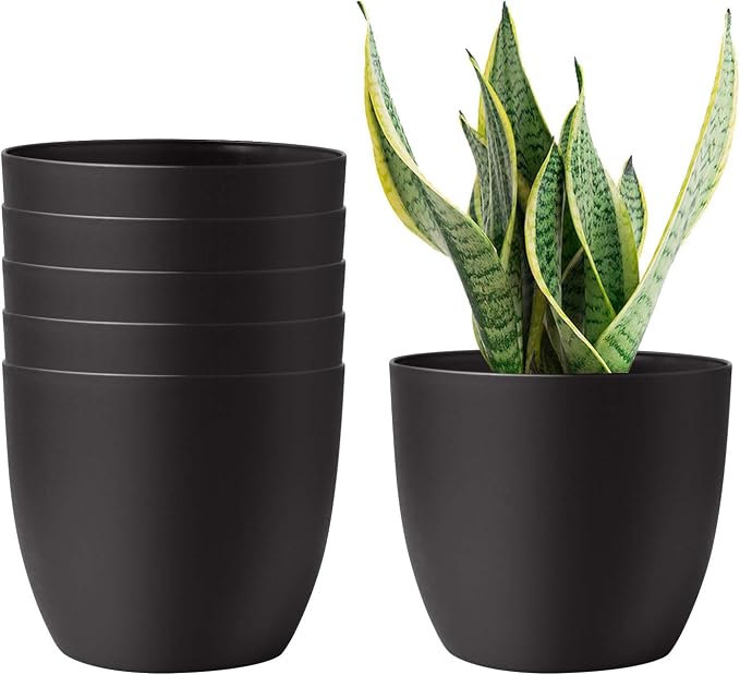 T4U 6 Inch Self Watering Planters Plastic Plant Pot, Modern Decorative Flower Pot/Window Box for All House Plants, Flowers, Herbs, African Violets, Succulents - Black, Set of 6