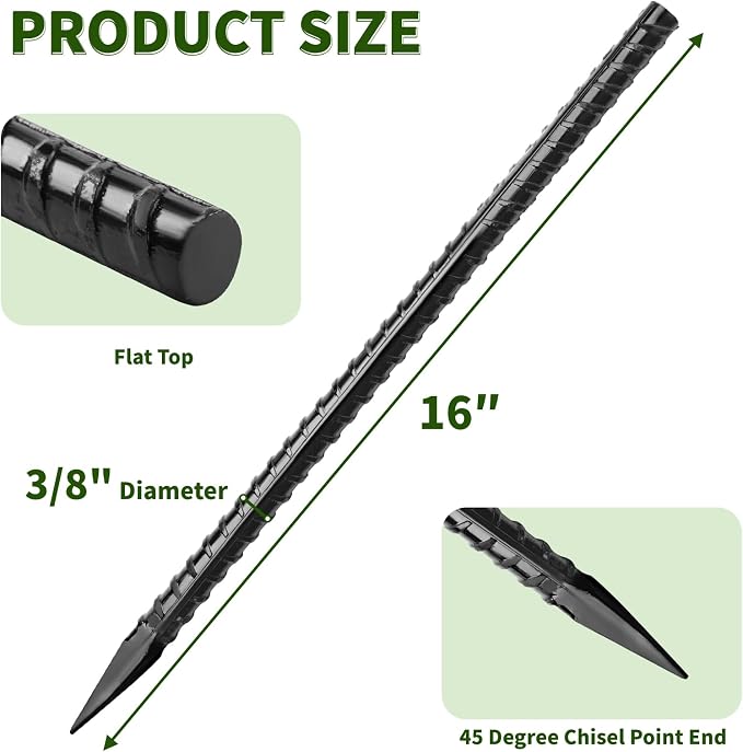Besitu 16 inches Rebar Stakes Heavy Duty (34-Pack) Metal Spikes for Concrete Timber, Garden Plant, Straight Steel Stakes for Tent, 3/8" Thickness Ground Anchors with Chisel Point End, Black