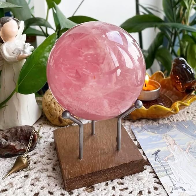 2.8-4inch Natural Rose Quartz Crystal Ball with Stand, Polished Pink Crystal Decoration Sphere, Reiki Healing Gemstone Ball, Home Desktop Ornament Commemorate Gift