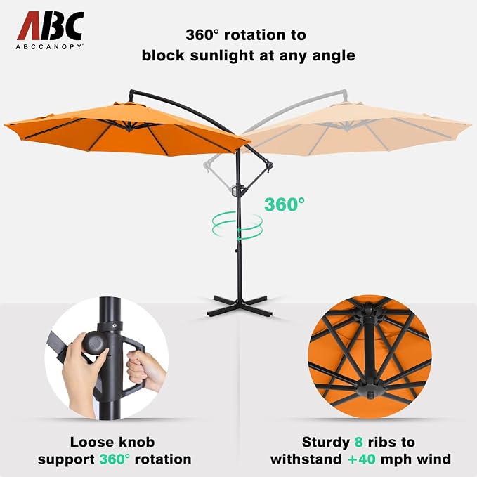 ABCCANOPY 10FT Cantilever Patio Umbrella with base included, 360° Rotation Outdoor Offset Umbrella for Backyard, Deck, Poolside (Orange)