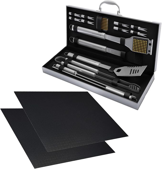 Home-Complete 18-Piece BBQ Grill Set, 16-pc Stainless Steel Barbecue Tools Kit with Aluminum Case and 2-Pack BBQ Grill Mats
