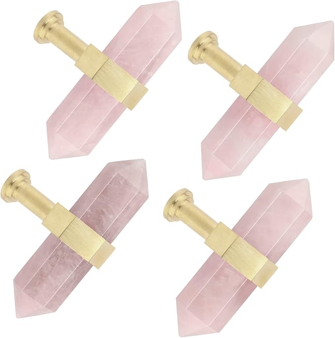 mookaitedecor Set of 2 Rose Quartz Double Crystal Points Drawer Knobs with Screws, Decorative Stone Cabinet Handle Pulls for Dresser Cupboard Kitchen Decor, Brushed Brass