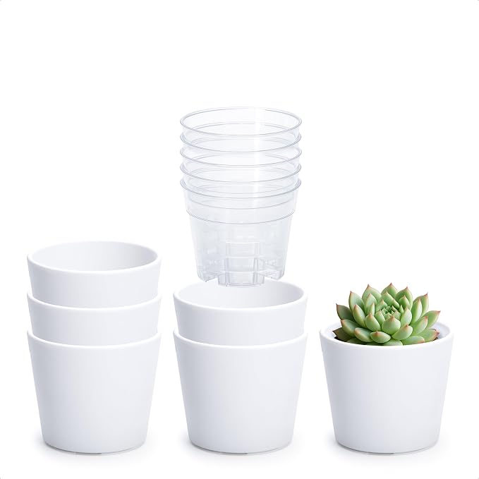 Phoenix Vine 3.5 Inch White Plastic Cachepot with Clear Nursery Pot, Decorative Lightweight Planter Cover with Transparent Inner Pot for Indoor Houseplants, Pack of 6, 24-A-D-6
