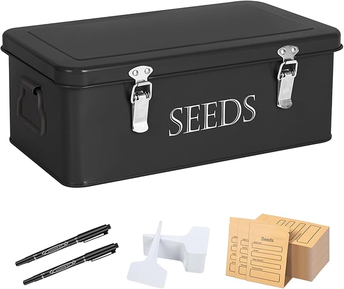 Ecopark Seed Storage Box, Professional All-in-one Kit with 2 Pens, 20 Plant Labels and 50 Seed Envelopes, Metal Storage Organizer, Saving Box, Seed Packet Container, Large, Black