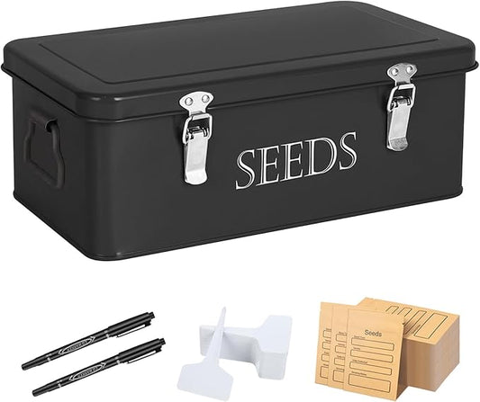 Ecopark Seed Storage Box, Professional All-in-one Kit with 2 Pens, 20 Plant Labels and 50 Seed Envelopes, Metal Storage Organizer, Saving Box, Seed Packet Container, Large, Black