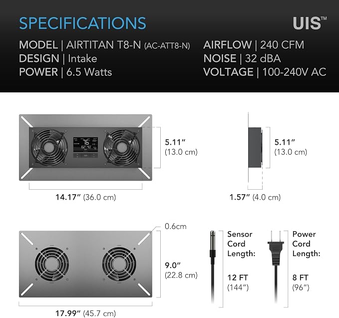 AC Infinity AIRTITAN T8-N, Crawlspace Basement Ventilator Fan. | WiFi App-Compatible Temperature Humidity Controller, IP-55 Rated, Intake