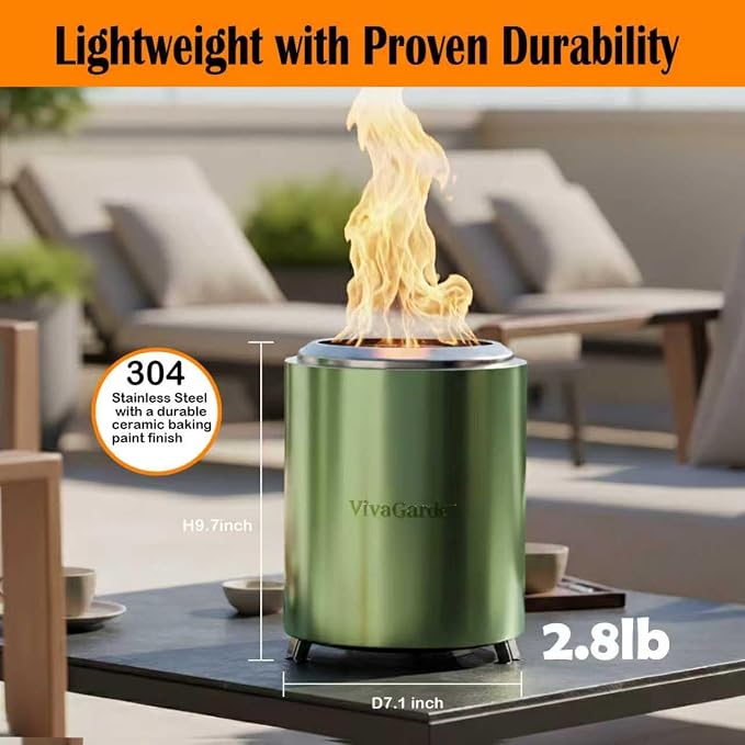 Portable Tabletop Fire Pit, VivaGarden Smokeless Table Top Fire Pit, Wood Burning & Pellets Outdoor Camping Stove with Carry Bag, Forks and Mat (9.7x7.1 Inch, Green)