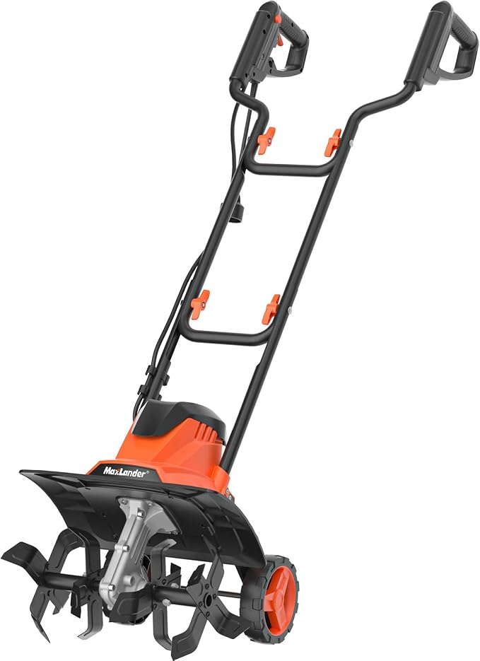 MAXLANDER Electric Garden Tiller Cultivator, 14 Inch 12 Amp Corded Tiller for Gardening with Foldable Handle, 4 Steel Tines, Garden Rototiller with Wheels for Lawn Yard Soil Cultivation