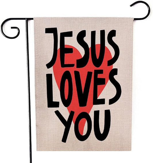 EMMTEEY Double Sided Easter Garden Flag 12.5X18 Inch Yard Outdoor Decor Garden Flag Jesus Loves You Lettering Design Housewarming Modern Red Heart White Garden Flag