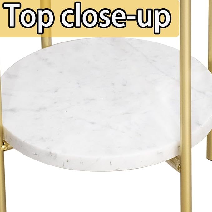Gold Plant Stand Indoor Tall - 2 Tier White Marble Top Side Table, 29.5 Inch Modern Round Metal End Table for Living Room Corner, Small Bedside Tables for Entryway & Bedroom (11x11, Gold)