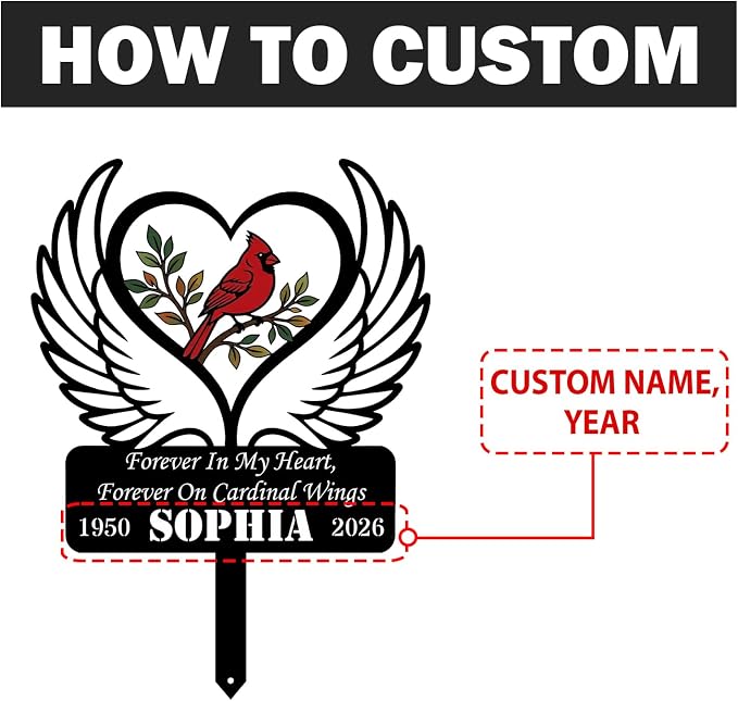 Personalized Cardinal Garden Sign with Stakes, Custom Name Sign, Yard Decor Outdoor, Memorial Gift for Mom, Garden Plaque Sympathy Gifts, loss loved Ones Cardinal Sign with Angel Wings