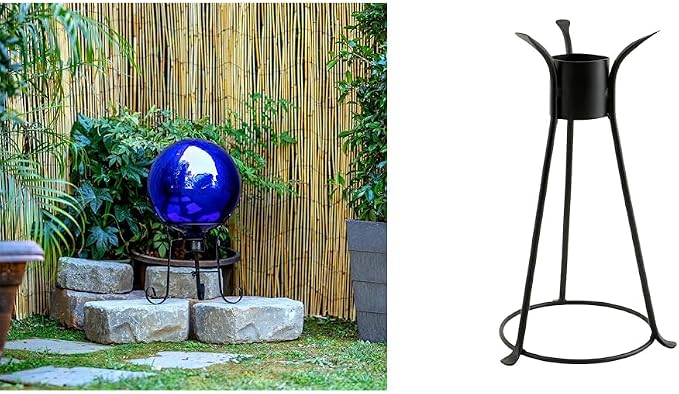 Alpine 10" Blue Outdoor Glass Gazing Globe with Achla Designs 13 1/2" Black Iron Stand for Gardens