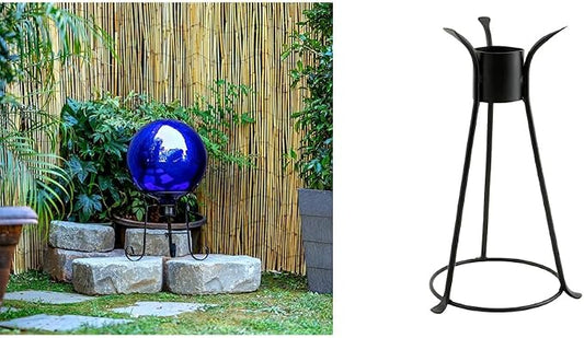 Alpine 10" Blue Outdoor Glass Gazing Globe with Achla Designs 13 1/2" Black Iron Stand for Gardens