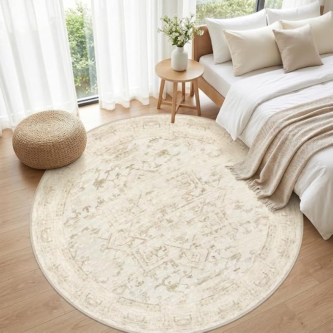 Round Area Rug Living Room: 6ft Washable Carpet Beige/Brown | Vintage Boho Circle Soft Large Circular Carpet Bedroom Nursery Neutral Dining Room Indoor Decor Floor Non-Slip Under Table