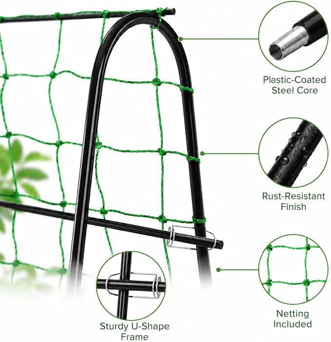 FOLLOOK Cucumber Trellis for Raised Garden Bed, Rustproof Metal Garden Arch Trellis for Climbing Plants Support Outdoor Fruit Grape Vine Vegetable Tomato Bean Pea Trellis, 63x48inch, Black