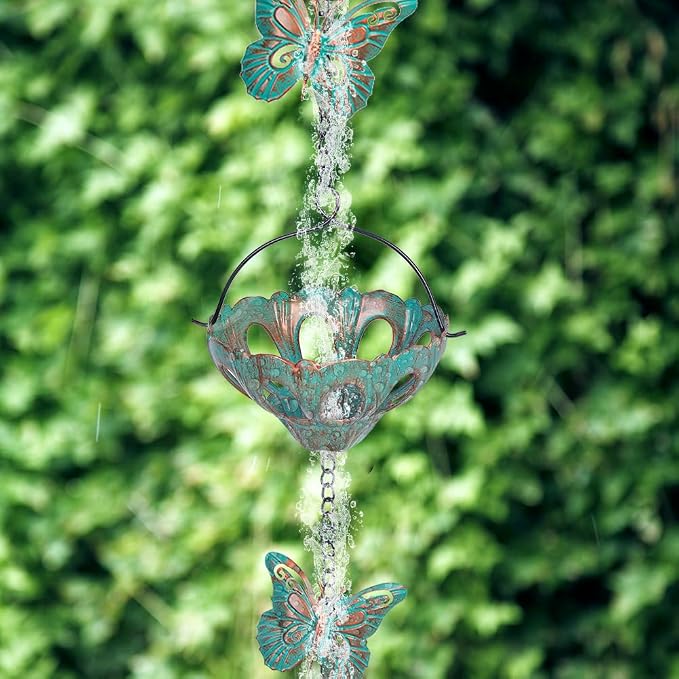 12FT Rain Chains for Outside, Metal Rain Chain with Butterfly Decor, Adjustable Rain Catcher Chain with Bell for Eaves Drainage, Replacement for Downspout (12 Cups)
