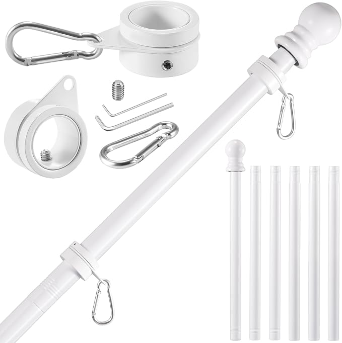 BONWIN White Flag Pole Kit for Outside House, 7 FT Thickened Stainless Steel Wall Mount Flag Pole for 3x5'/ 4x6' American Flag, 1" Anti-Wrap Spinning Flagpole Rings Hardware Kits for Porch Yard