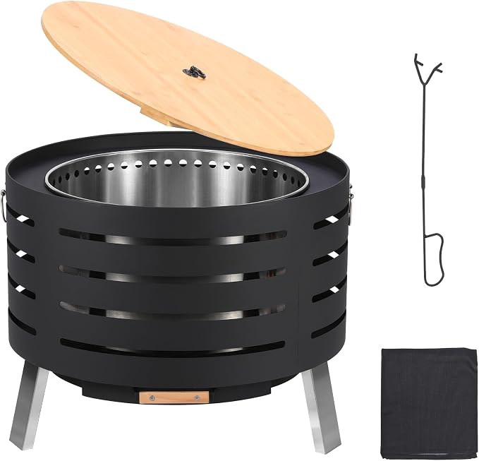 Garvee Smokeless Outdoor Fire Pit – 360° Airflow, Removable Ash Pan, Bamboo Lid, Rainproof Cover – Low Smoke Traditional Stove – 30 Inch Size – Ideal for Patio, Backyard, Camping – Size: 30 Inch