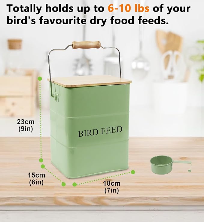Morezi Bird treat and food storage tin with wooden lid and scoop included - green powder - carbon steel - birds food bin - pet food container storage canister