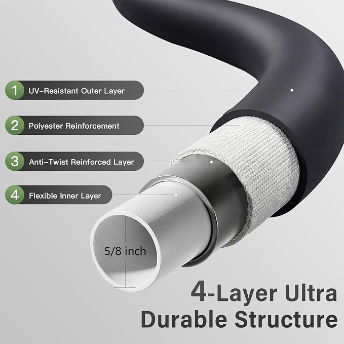 Garden Hose 5/8" x 10ft 4-Layer Heavy Duty Hose with 800 PSI Burst Pressure – Kink Resistant Flexible All-Weather Outdoor Hose for Yard Car Wash Pets Black