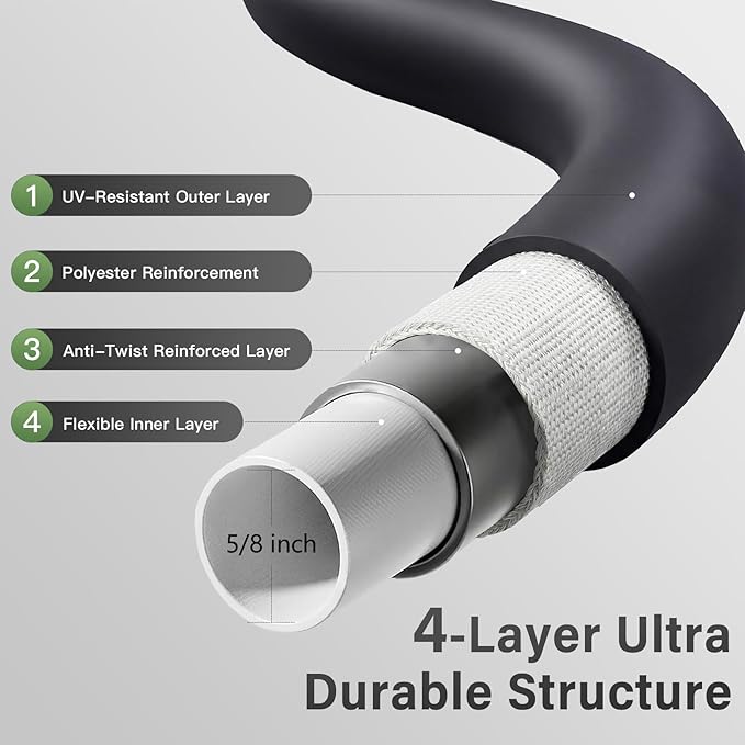 Garden Hose 5/8" x 5ft 4-Layer Heavy Duty Hose with 800 PSI Burst Pressure – Kink Resistant Flexible All-Weather Outdoor Hose for Yard Car Wash Pets Black