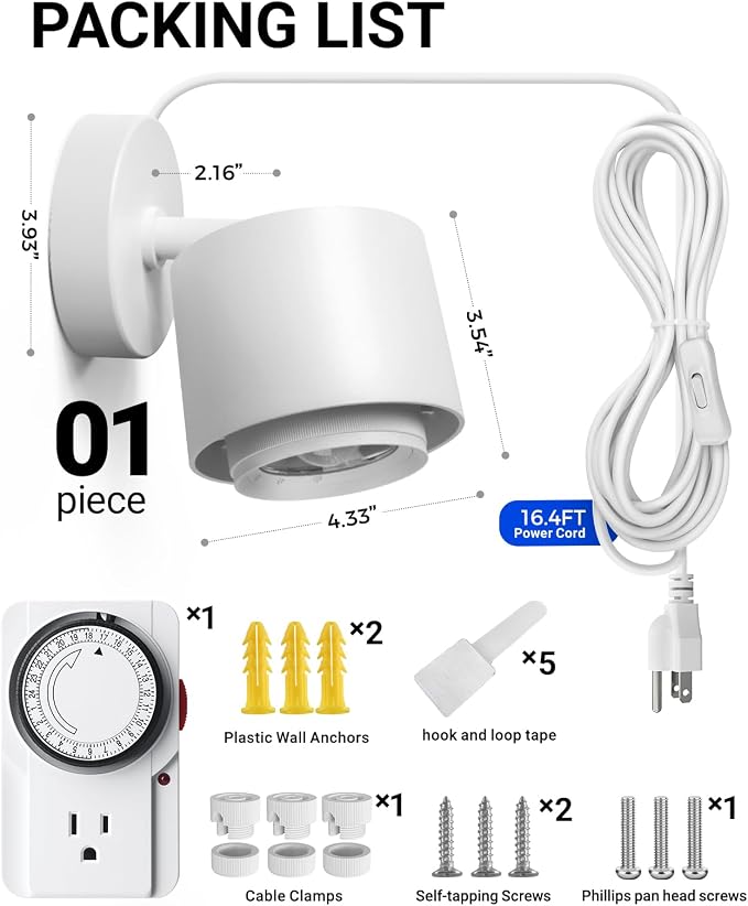 Barrina TR40a Track LED Grow Lights for Indoor Plants, 15°-60° Adjustable Beam Angle, 40W 4000K Wall Mounted Plant Light, Full Spectrum Ceiling LED Growing Lamps with Timer, White Cover, 1-Pack
