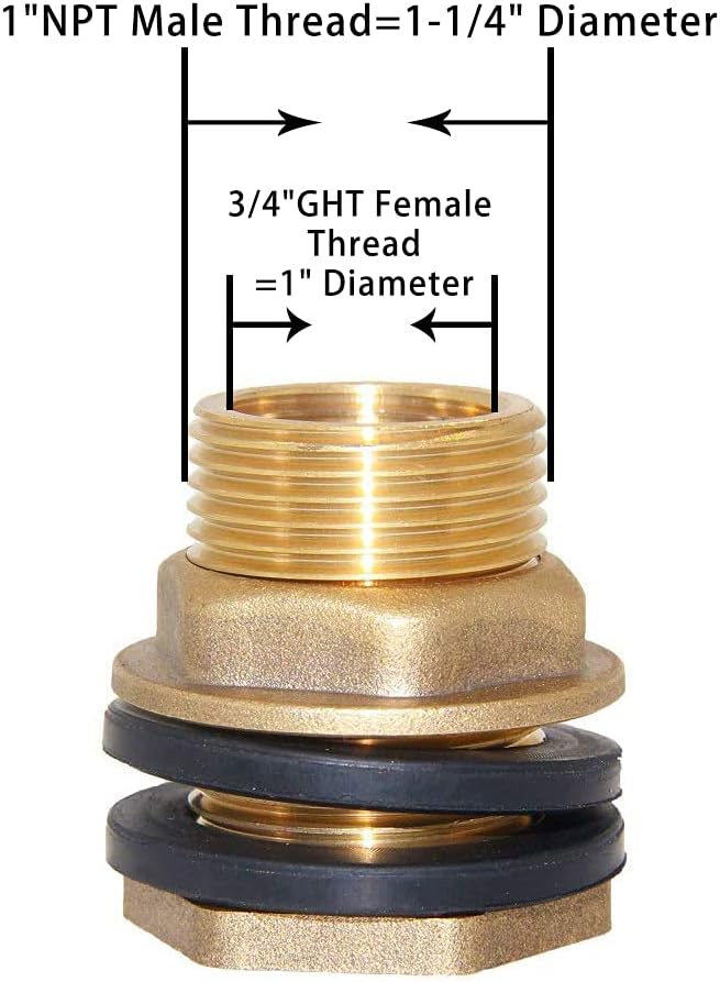 Joywayus 3/4" GHT Female 1" Male Soild Brass Water Tank Connector Bulkhead Tank Fitting with 2 Rubber Ring Stablizing