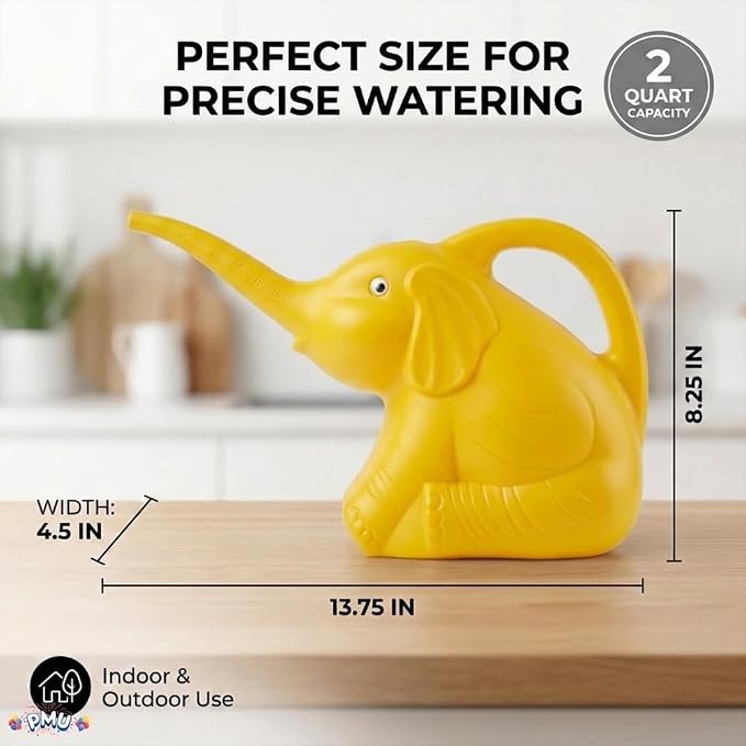 PMU 6Pcs 2-Quart Elephant Watering Can – Durable Plastic Garden Watering Can for Indoor & Outdoor Plants, Easy-Pour Spout, Large Water Pot, Yellow