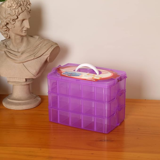 Sooyee 3-Tier Bead Organizer, Stackable Craft Storage Containers with 30 Adjustable Compartments for Washi Tape, Toy, Hair Accessories, Art Supplies, Fishing Tackle, Purple, 10"L x 6.7"W x 7"H