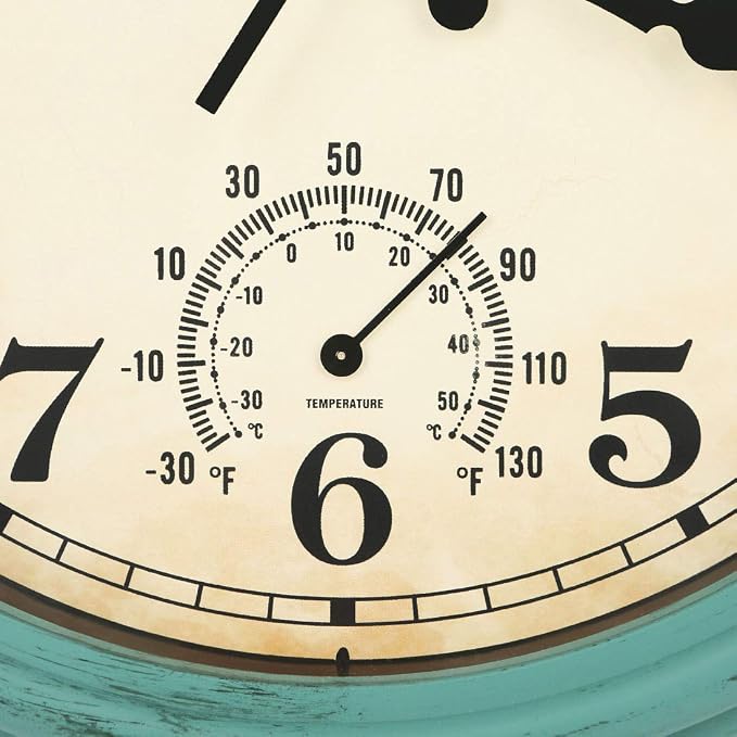 12 Inch Indoor/Outdoor Retro Waterproof Wall Clock with Thermometer,Vintage Battery Operated Silent Non Ticking Quartz Clock Wall Decorative for Kitchen/Bedroom/Living Room/Bathroom/Patio-Olive green