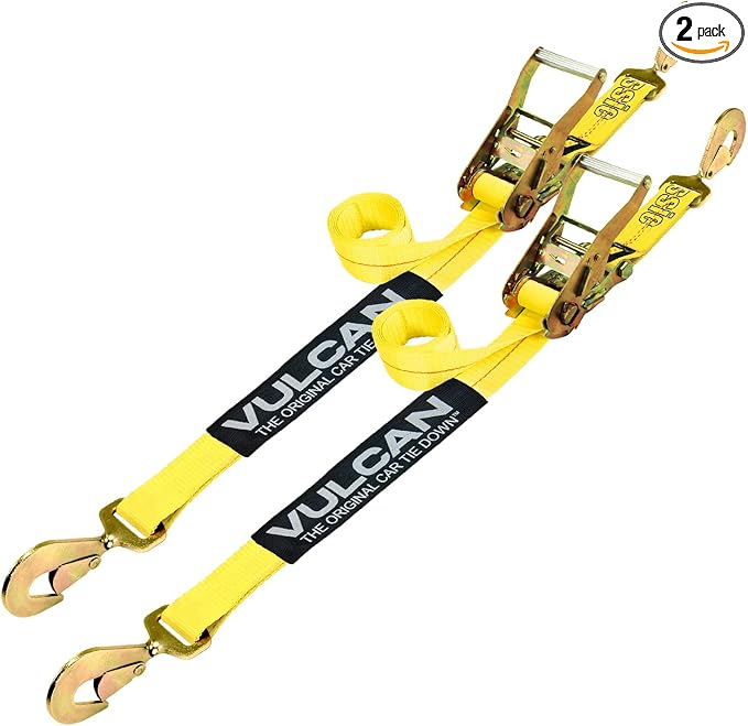 VULCAN Car Tie Down with Twisted Snap Hooks - 2 Inch x 96 Inch - 2 Pack - Classic Yellow - 3,300 Pound Safe Working Load