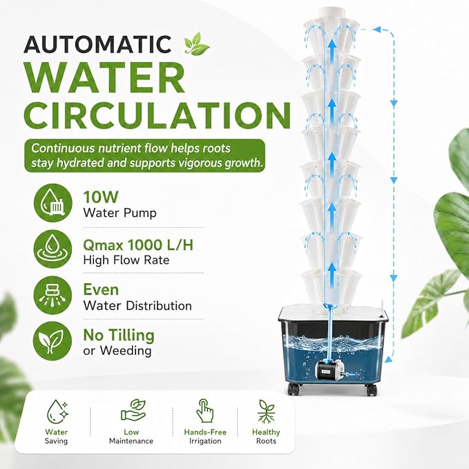 12-Tier 60-Hole Indoor Hydroponic Grow Tower, Vertical Garden System with 6.6Gal Tank & Water Pump, Self-Watering for Herbs, Lettuce, Strawberries, Space Saving Indoor Gardening for Home, Apartment