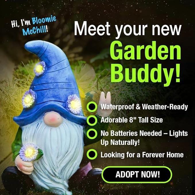 Blue Peace Yard Gnomes - Solar Statue, 11 Inch | Charges all day and lights itself after dark, no wires and no outlet to find. Hand-painted resin, built to live outside.