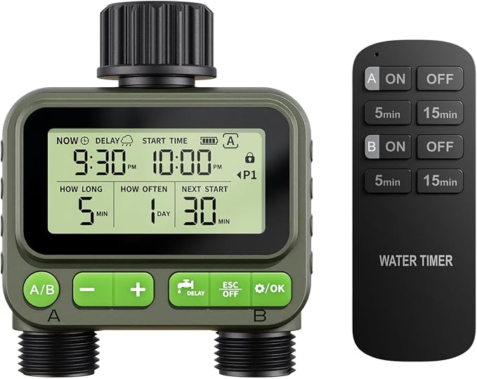 NexusLab Wireless Remote Hose Timer, 4 Programmable Watering Schedules (1 Sec to 99 Hr), IP65 Waterproof Sprinkler & Drip Irrigation Timer, 3/4 inch NH Thread, Rain Delay, AA Battery
