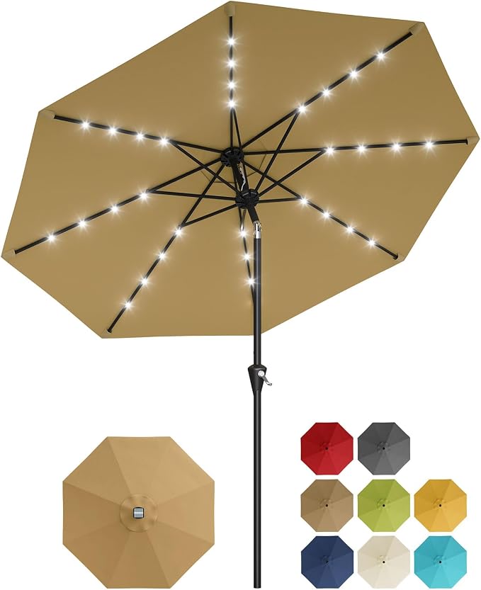Garvee 10FT Solar Patio Umbrella with 32 LED Lights - Outdoor Table Umbrella with Crank Lift, Push Button Tilt and 8 Sturdy Ribs - Market Umbrella UV Protection for Pool, Deck, Yard, Garden -Tan